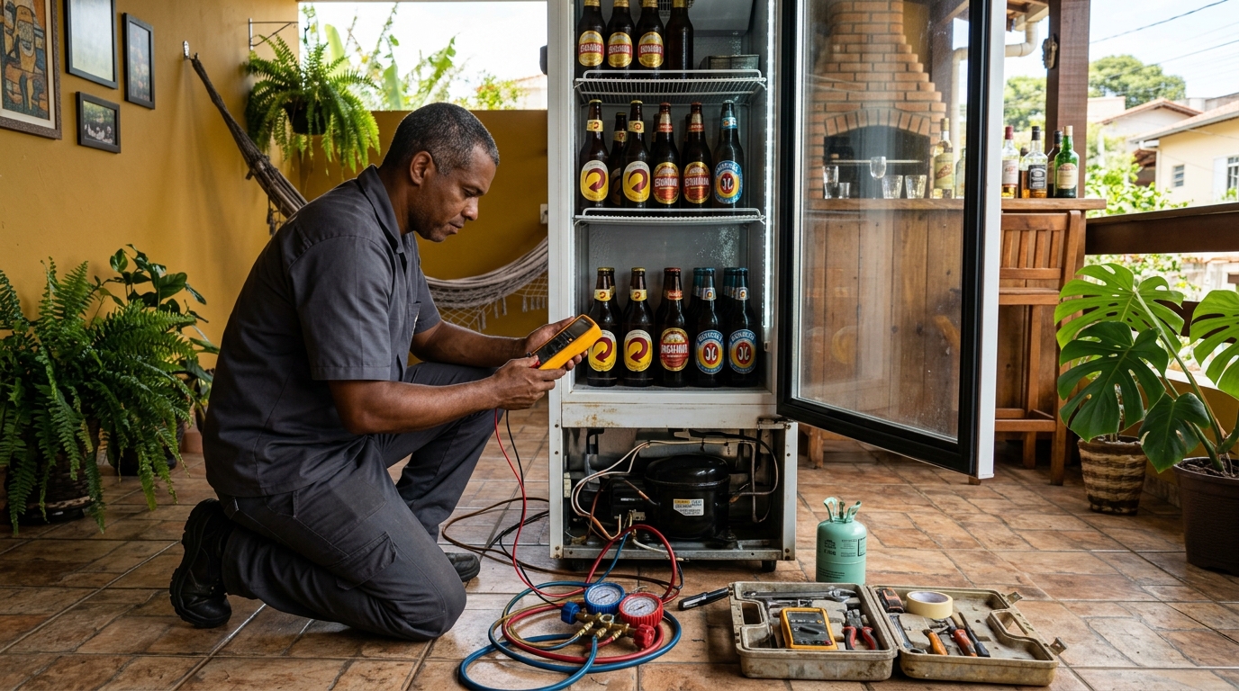 Placa eletrônica de cervejeira em reparo na bancada em Santo André‑SP
