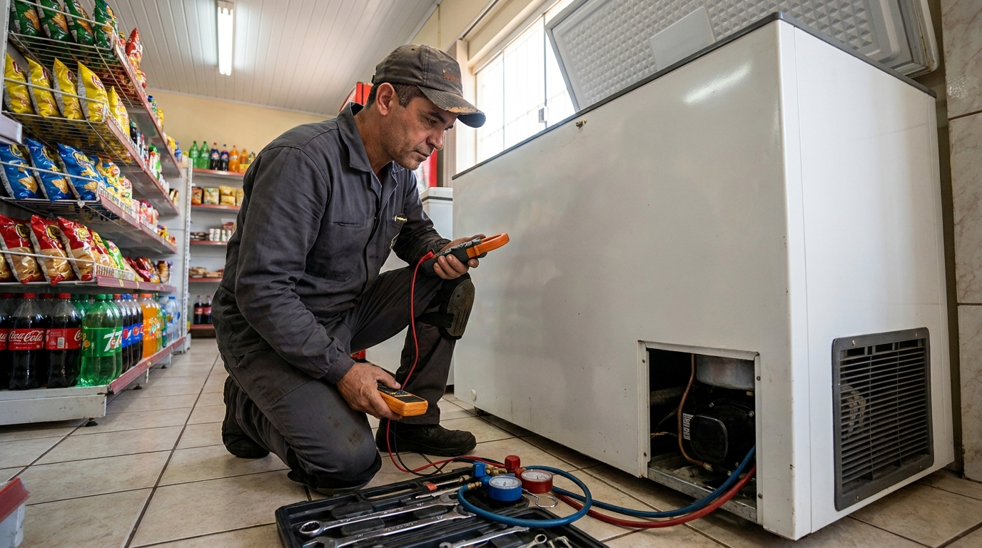 Reparo da placa eletrônica de um freezer em atendimento em Santo André‑SP