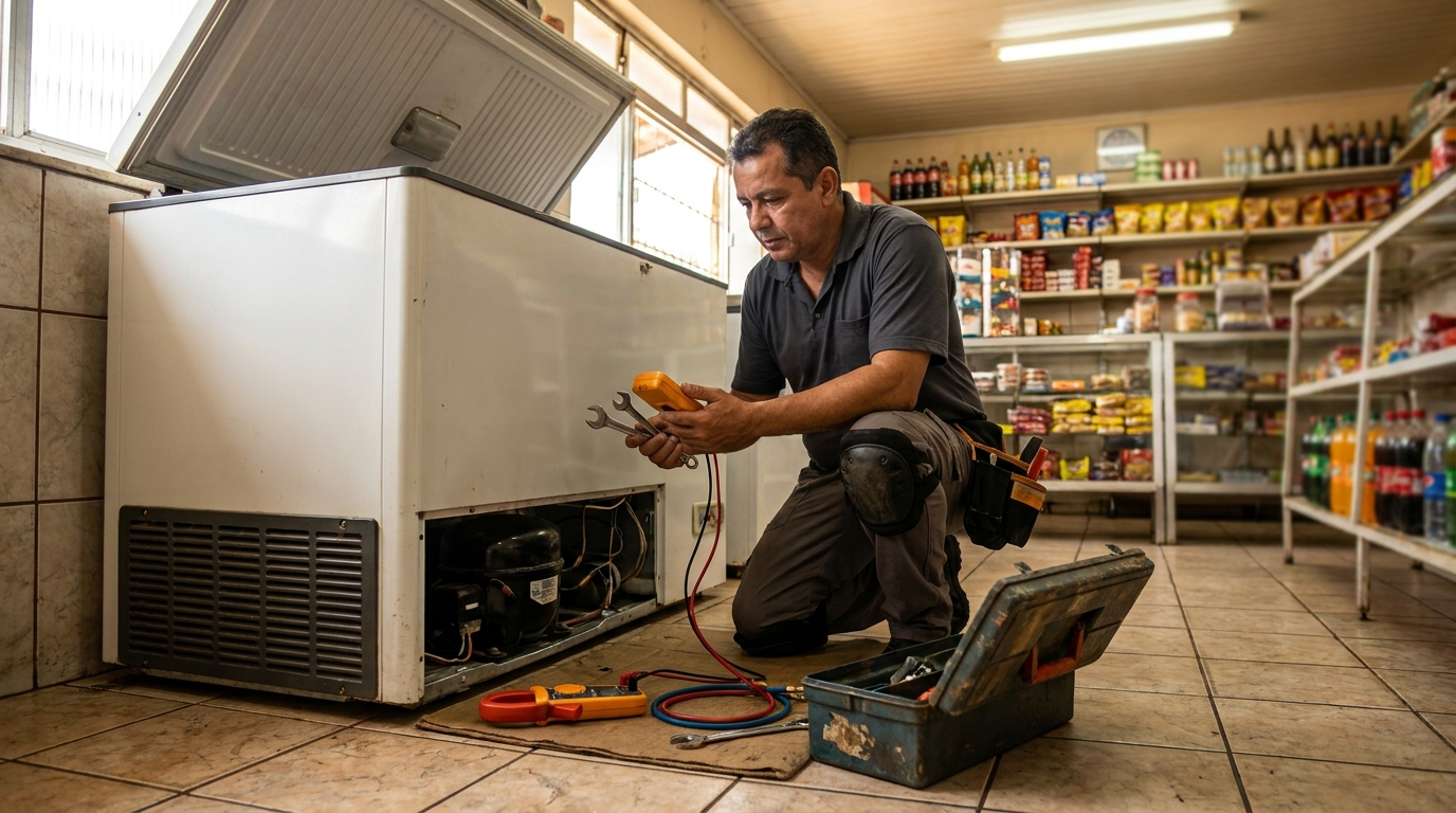 Técnico reparando o motor de um freezer horizontal em Santo André‑SP