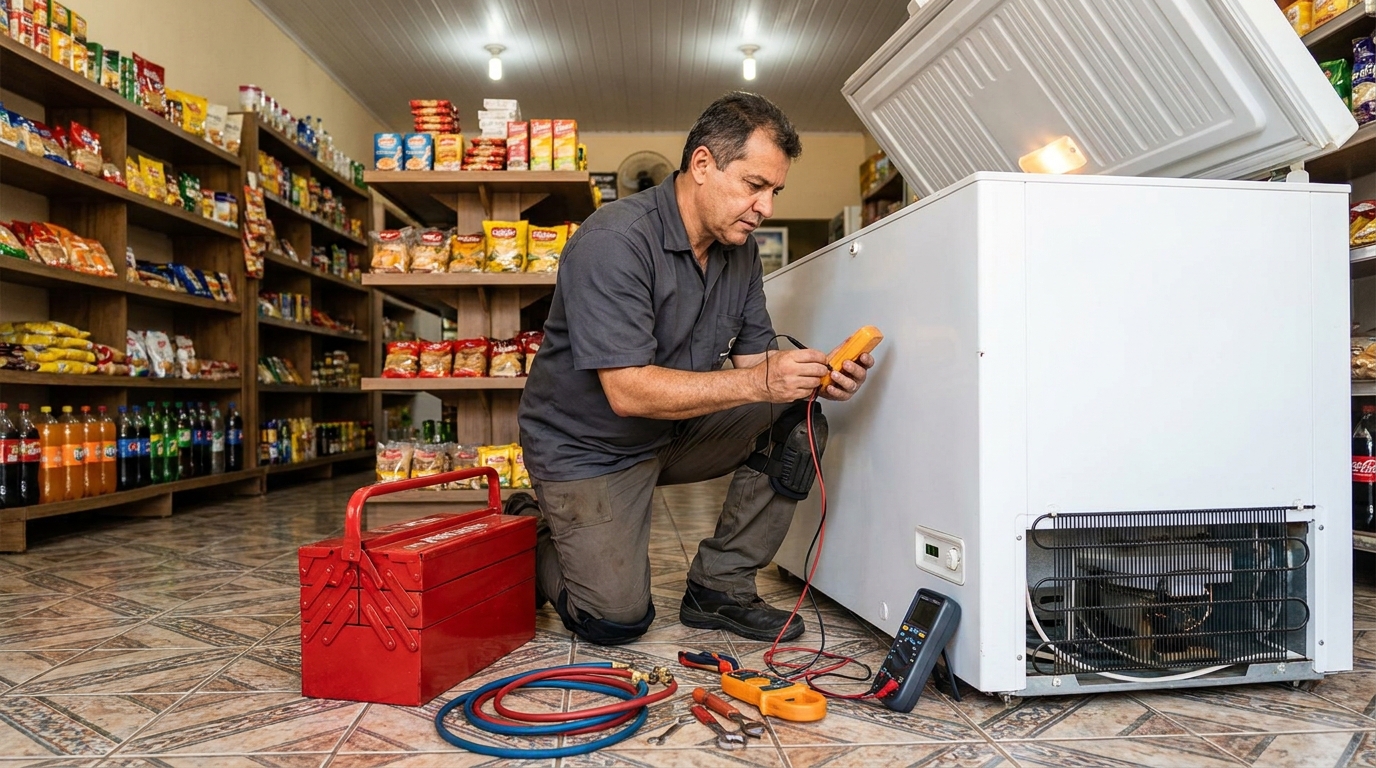 Manômetro conectado ao circuito durante recarga de gás de freezer em Santo André‑SP