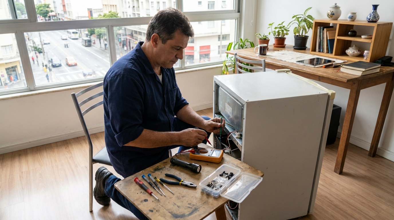 Aplicação de gás refrigerante em frigobar durante atendimento em Santo André‑SP