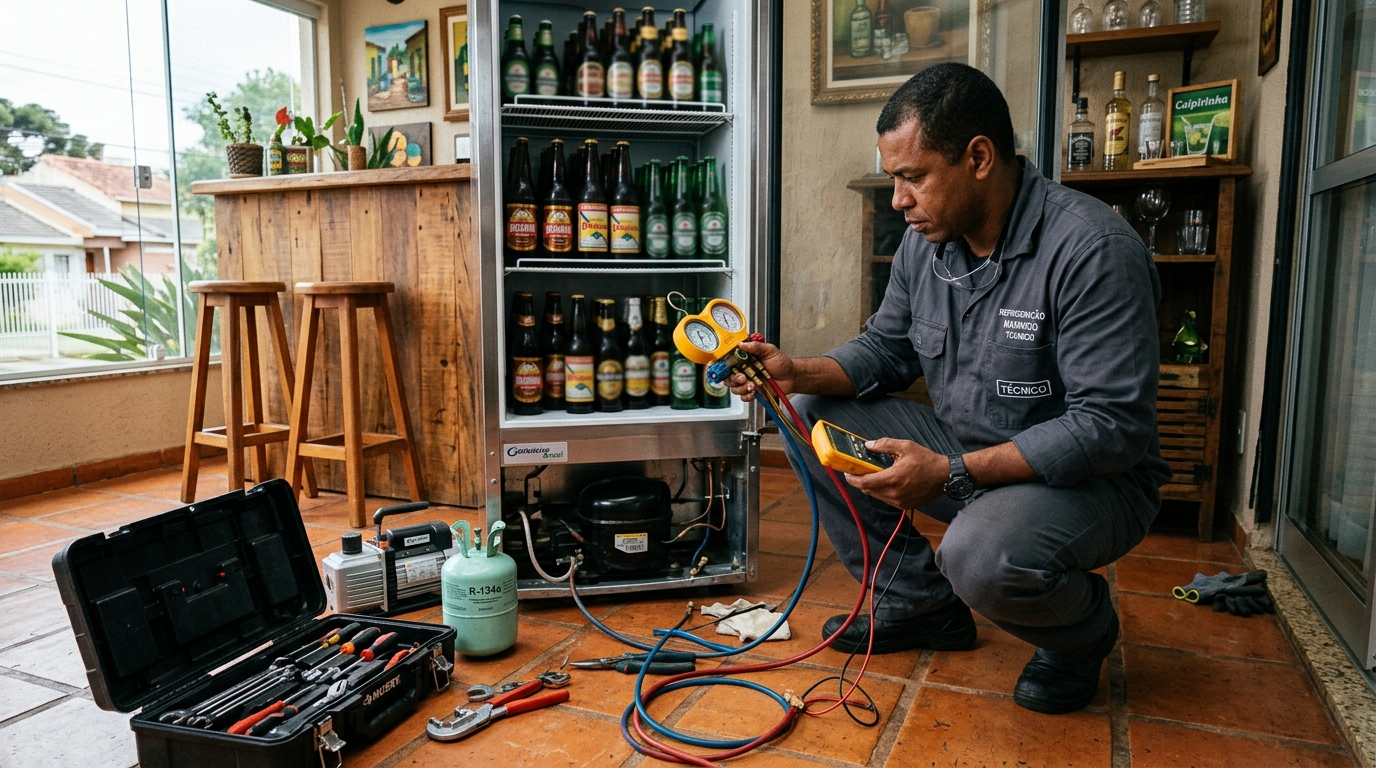 Técnico conferindo a temperatura de uma cervejeira durante atendimento em Santo André‑SP