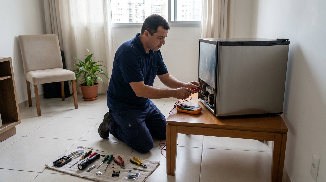 Técnico avaliando um frigobar compacto durante atendimento em Santo André‑SP